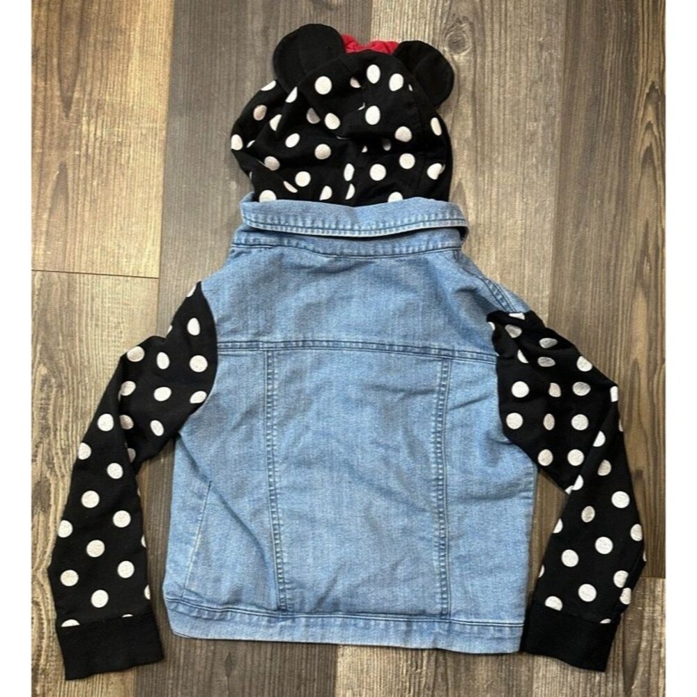 Disney Junior Minnie Mouse Girls Denim Jacket Jean Size 6 Polkadot Hooded Ears - Picture 2 of 4